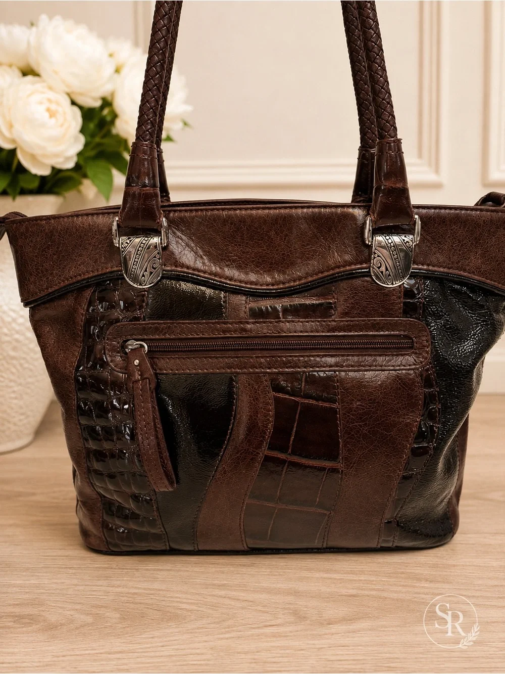 Brighton Lydia Patchwork Leather Shoulder Bag Brown Croc Patent Braided